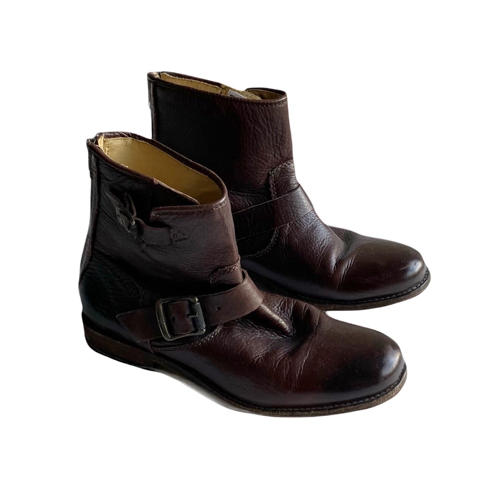 Frye Tyler Engineer Leather Ankle Boots Size 7.5 Dark Brown Buckles Moto Booties